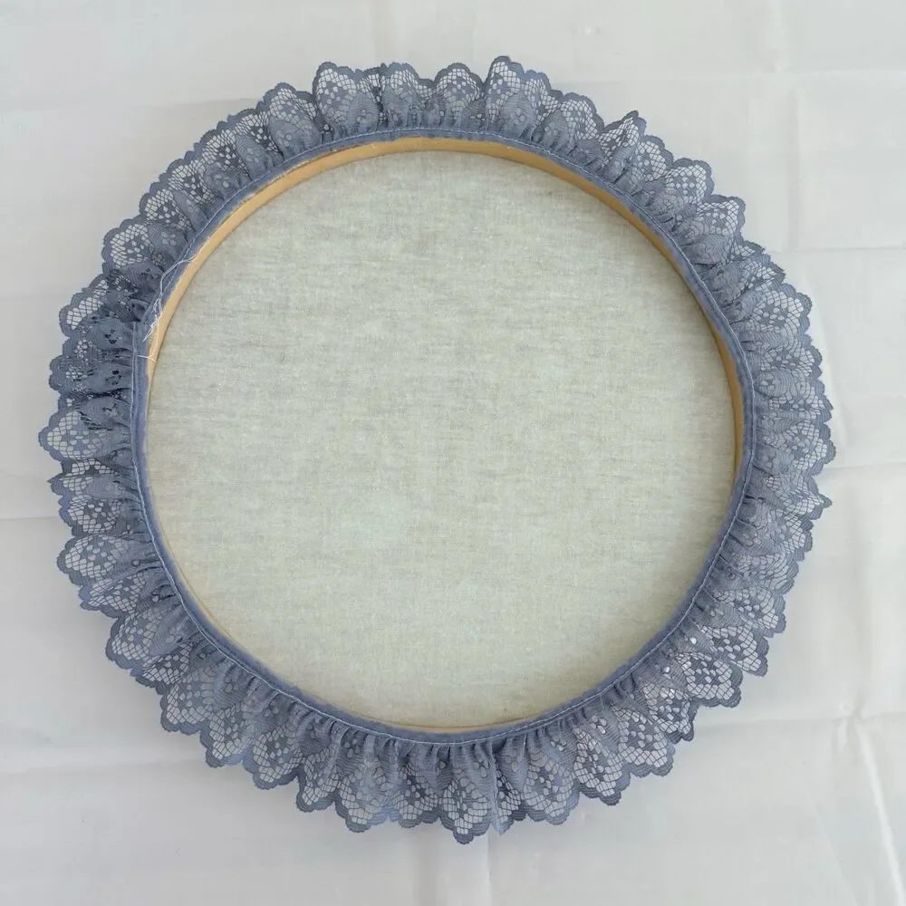 Vtg Teddy Bear Lace Hoop Wall Art Country Blue Cottagecore Kitsch Handmade 12 in
